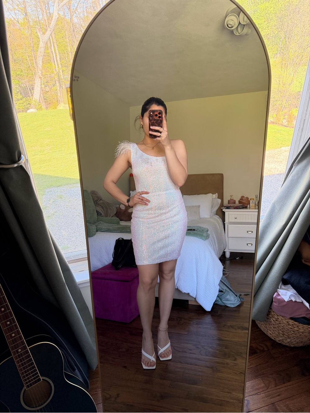 Windsor One-Shoulder Feather Trim Sequin Mini Dress